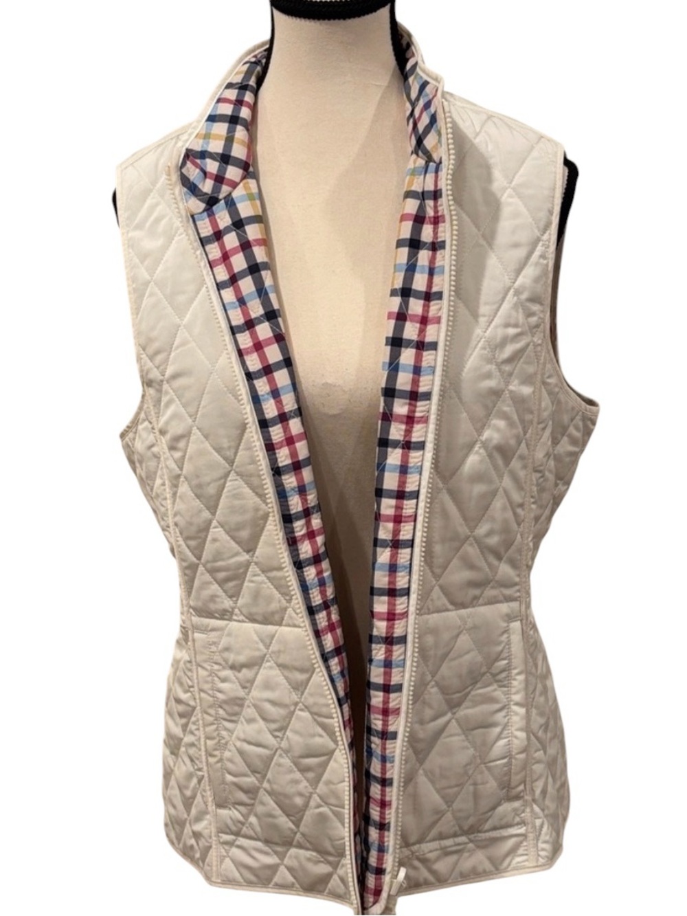 Talbots Reversible Diamond Quilted Vest, White & Plaid (red, blue, yellow), L